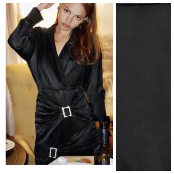 NWT. Zara Black Satin Effect Mini Dress with Rhinestone Appliqués. Size XXL. - Picture 2 of 11